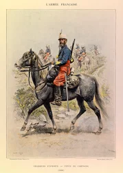 Edouard Detaille（1848-1912）が描いたジュール・リシャール大尉のフランス軍の種類と軍服：1886年のカントリードレスを着たアフリカの狩猟者たち、個人蔵