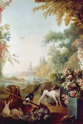 Gilles Demarteau（1722-76）のサロンからの2つのウサギ、カササギと犬