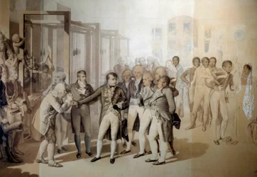 ナポレオン・ボナパルト（1769-1821）、第一執政官、ジョゼフィーヌ・ド・ボーアルネの同席のもと、ルーアンのセヴェンヌ兄弟のベルベット工場を訪問、1802年11月 ジャン・バティスト・イサビー（1767-1855）のウォッシュでのデッサン 1804年 Sun.1,24x1,76 m ヴェルサイユ、ミュー