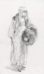 毛皮のマフを持つロシア人女性 par Le Prince, Jean-Baptiste (1734-1781), Between 1758 and 1761 - 紙に黒チョーク, 22,9x13,8 - Private Collection