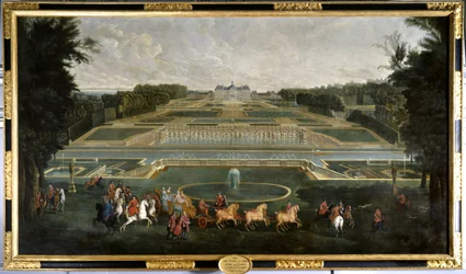 フランス王妃マリー・レクザンスカ（1703-1768）（Leczinska, Lescszinka, Leszinka）ヴォー・ル・ヴィコント城（Vaux-Le-Vicomte）の庭園にて ジャン・バティスト・マルタン（1659-1735）の絵画 1728 Chateau De Vaux Le Visomte.- Fの女王、マリー・レクザンスカ