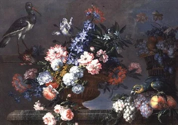 果実と花と鳥の静物画