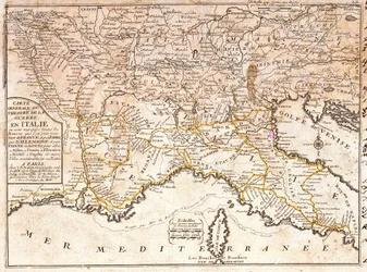 ヨーロッパからイタリアの主要都市への道の地図（エングレービング