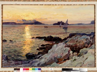 Jean Baptiste Olive (1848-1936) による Frioul の絵画に沈む夕日 20 世紀薄暗い。 50x73 cm 必須の言及: プロヴァンス、マルセイユのコレクション財団について