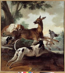 犬に追われる鹿。狩猟の場面。ジャン＝バティスト・ウードリー（1686-1755）による絵画