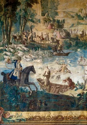 ルイ15世の狩猟：池の中の鹿の死。詳細ジャン・バティスト・ウードリー（1686 - 1755）のタペストリー