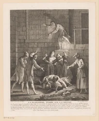 Man valt bovenop een geit La Rapinière がヤギに落ちる (オブジェクトのタイトル) Roman Comique van Scarron (シリーズ タイトル) のシーン