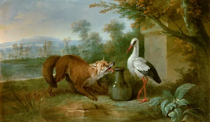 キツネとコウノトリ。ジャン・ド・ラ・フォンテーヌの寓話のための挿絵。ジャン＝バティスト・ウードリー（1686-1755）による絵画、1751年。メス、美術館