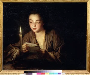 ろうそくを持つ少女。ジャン・バティスト・サンテール（1658-1717）による絵画。64 x 79 cm、1700年頃。18世紀フランス美術。モスクワ、プーシキン美術館。