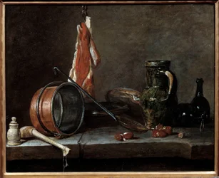 太ったメニューとキッチン用品。静物画。ジャン・バティスト・シメオン・シャルダン（1699-1779）の絵画