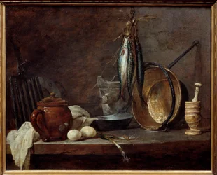 リーンのメニューとキッチン用品。静物画。ジャン・バティスト・シメオン・シャルダン（1699-1779）の絵画