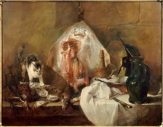 魚、牡蠣、水差しの静物画スケート。ジャン・バティスト・シメオン・シャルダン（1699-1779）による絵画 1727 Sun.1,14 x 1,46 m パリルーブル美術館