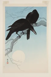 月下のカラス」（カラー木版画