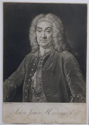 ジョンジェームズハイデガー（1666-1749）の肖像、ロンドンのスイス帝国、ジョンフェイバー（1684-1756）、1749年