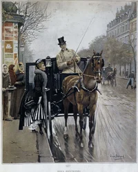 パリの馬車に乗った優雅な女性：「私たちは帰る」-Jean BERAUD（1849 - 1935）のイラスト、19世紀後半。
