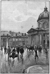19世紀のパリの風景：フランス学士院のある左岸の風景。ベローの絵からフロリアンが彫ったもの。19世紀後半。世界の首都」の中の1つ。パリ」。