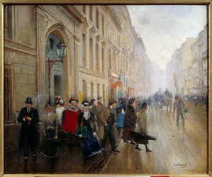 フォーブール・フィショニエール通りにある音楽院の出口。ジャン・ベロー（1849-1935）による絵画 19世紀。薄暗い。0.46x0.55m。パリ、カルナヴァレ美術館