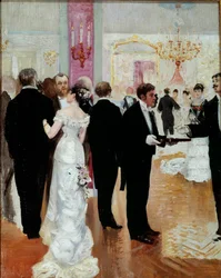 レセプション。ベル・エポック期のパリ社交界における社交の夜。ジャン・ベロー（1849-1935）による絵画、20世紀。個人蔵