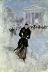 パリ、ロワイヤル通りのボアの前にいる若いエレガントな女性 ジャン・ベロー（1849-1935）の絵画 20世紀 トゥール、ボザール美術館