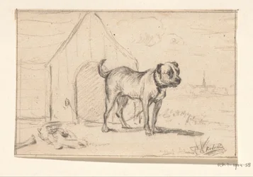 犬小屋の前に立っているひもでつながれた犬