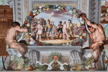 二人の兵士に囚われの身となったアケーテが、ペンテウスとその従者の戦士たちにバッカスの功績を語る。