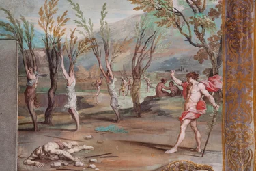 オルフェウスの死体を切り刻んだ罪により、バッカスはバッカンテス一家を木に変える。