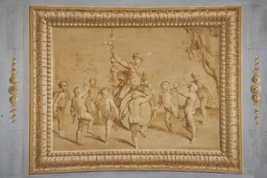 樽にまたがったバッカスと、それを囲んで踊るケルビムたち。