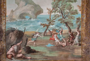 バッカスの賛美を拒んだオルフェウスを、バッカントたちが石や棒で殺す。