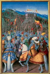 イタリア戦争：1507年に国王ルイ12世（1462-1515）が軍隊を率いてゲネスを攻撃した。ジャン・マロ(1450-1526)の「ジュネスの旅」のミニチュア版、ジャン・ブルディション(1457-1521)による盛り上げ、1510年パリ、B.N.