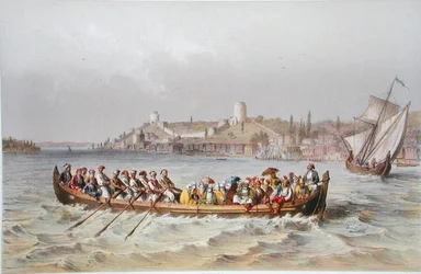 ボスポラス海峡のフェリーボート（1855年発行の「Souvenirs de Constantinople」の挿絵）（カラーリトグラフ