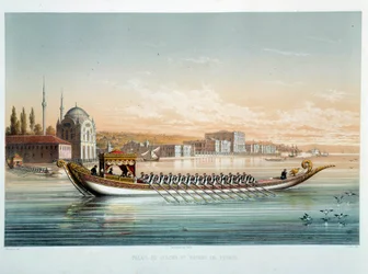 オスマン帝国：「コンスタンティノープルのスルタン宮殿とパレード・ボート」ジャン・ブロンデシ（1826-1888）の水彩画