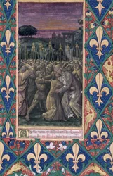 ラテン語写本キュー・ブイ・アイ・126、100葉表：ユダの接吻、『ルイ・ドルレアンの時祷書』より、1469年