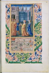 Ms Lat.Q.v.I.126 f.48 切断されたホロフェルネスの首を持ってベトゥリアに戻るユディト（「ルイ・ドルレアンの時祷書」より