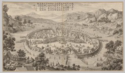 バダ シャンのカーンが貢物を贈る: 西部地域の反乱鎮圧の戦闘シーンから、皇帝の詩とともに