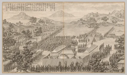 ウイグル族鎮圧における将軍と将校への褒賞: 西方地域の反乱鎮圧の戦闘シーンから、皇帝の詩とともに
