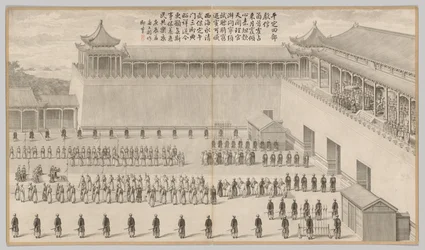ウイグル人の捕虜のプレゼンテーション：反逆の叫びの戦いの場面から...、c。 1765-177