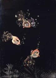 赤と金の魚が気泡を吹く水中シーンを描いた、ジャン・デュナンによる漆塗りのパネル