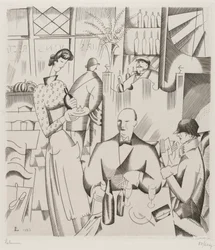 ビストでのディナー（Le diner chez le bistrot）、1923（織り紙に彫刻）