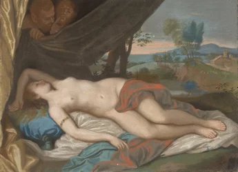 サテュロスたちにのぞき見される眠るニンフ、アンソニー・ヴァン・ダイクによる版画に基づく絵画による