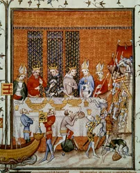 フランス王シャルル5世（1338-1380）がシテ宮で皇帝シャルル4世（1316-1378）とボエーム王ヴェンセスラ4世（1363-1419）を招いて行った宴席。ジャン・フーケ（1420-1481）の「フランス大年代記」のミニチュア、パリ、B.N.