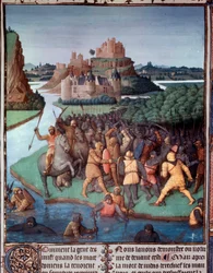 ユダヤ人とマケドニア人の戦い ミニチュア ジャン・フーケ（1420-1481）の「古代ユダヤ人の書」（Judaic Antiquites）からの引用 15世紀 パリ、B.N.