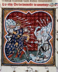 フィリップ4世（1268-1314）とフランドル地方との間のコルトレイクの戦い、いわゆる金の延べ棒の戦い 1302年11月7日 ジャン・フーケ（1420-1481）の15世紀の「フランス大年代記」からのミニチュア。パリ、B.N.