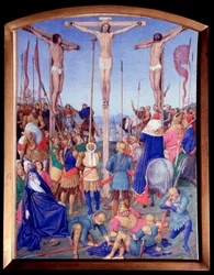 磔にされるジャン・フーケ（1420-1477/1481）の『エティエンヌ・シュヴァリエの時祷書』から引用されたミニチュア。