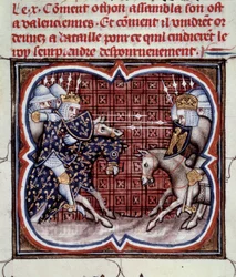 英仏戦争（1202年～1214年）：1214年7月27日、フィリップ・オーギュストのフランス軍とオトン4世のフランドルとウェルフの間で行われたBouvinesの戦い。フランス軍の勝利は、戦争の結果を決定的にするものでした。ミニチュア「フランス大年代記」より b