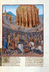 Le siege de Jerusalem par le roi de Babylone Nebuchadnezzar II (JC の前の 604-562) - Nebuchadnezzar II によるエルサレムの包囲。 フラウィウス・ジョセフスのイラスト「古代ユダヤ人」（Antiquitatum Judaicarum）ジャン・フーケ（1420-1481）による。 パのガッシュ