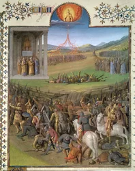 Fr 247 f.70カナン人へのヘブライ人の戦いとコラと反逆者の懲罰、「古代ユダヤ人」からの挿絵、1470年頃