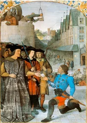 王室からの使者を受け取るロシュシュアルト子爵。ジャン・フーケ（1420-1481）によるミニチュア、「フランス大年代記」より1455-1460