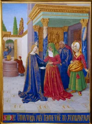 ビジュー。聖母マリアと聖女エリザベスの出会い。ジャン・フーケ（1420-1481）の「エティエンヌ・シュヴァリエの時間」に含まれる細密画