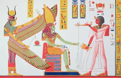 ラムセス4世（紀元前1153-1147年）、王座に座ったイシスとアモンレに線香を捧げる、ジャンフランソワ作のモニュメントデジプテの壁画260枚、王家の谷の墓から