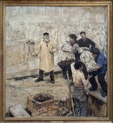 スケーターで。 ジャン フランソワ ラファエリ (1850-1924) によるキャンバスに油彩画、創始者ウジェーヌ ゴノン (1814-1892) は、ジュール ダルー (1838-1902) がパリのパレ ブルボン (商工会議所) のために作った偉大なレリーフのロスト ワックス キャストを準備します。 Deputes)、彫刻家